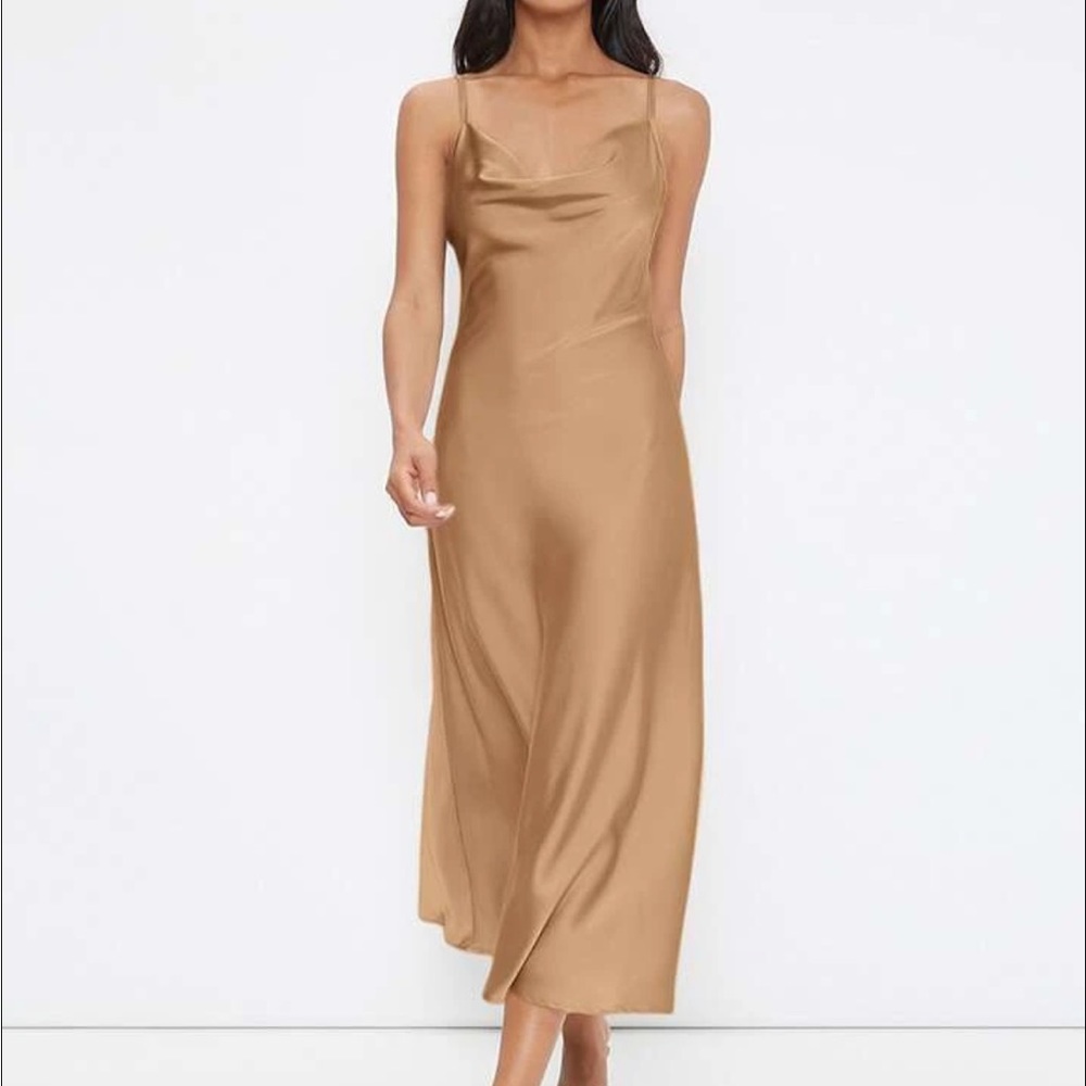 Forever 21 Tan/Gold Satin Cowl Neck Midi/Maxi Dress with slit - Size Small